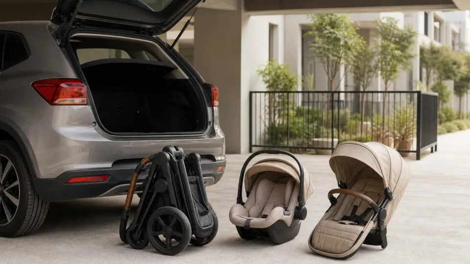 Açık araç bagajı yanında katlanmış şasi ve travel sistem bebek arabası parçaları