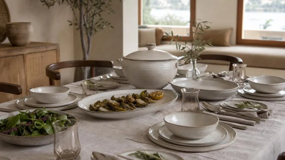 Düz ve çukur tabaklarla birlikte salata kasesi, kayık tabak, servis tabağı ve çorbalık bulunan yemek takımı